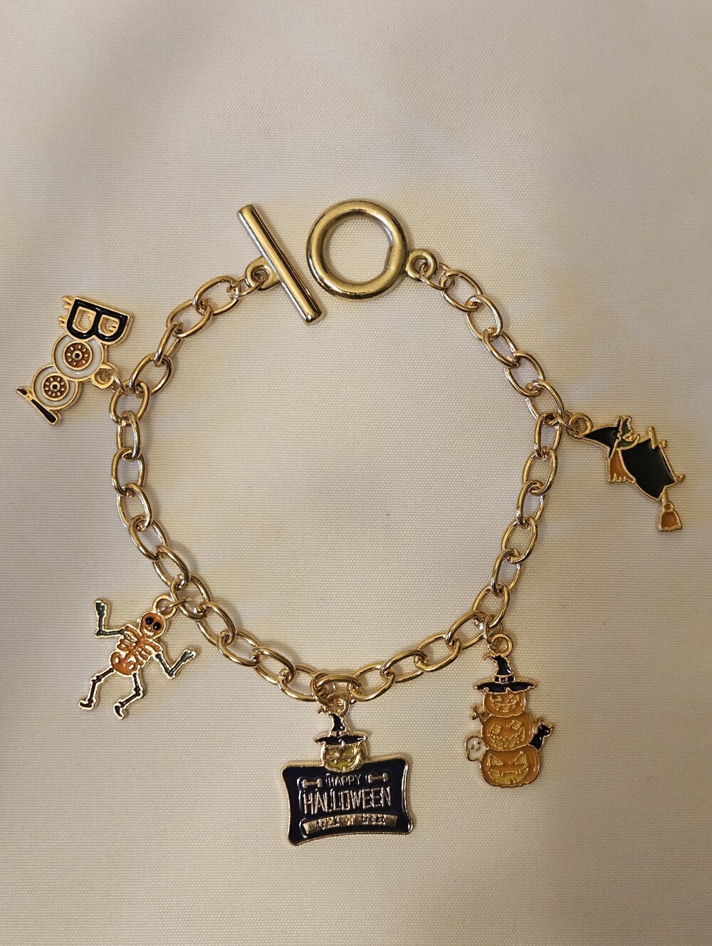 Handmade Halloween Charm Bracelet | Stainless Steel | Pumpkin, Witch, Skeleton